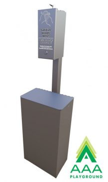 Post-Mounted Pump-Style Hand Sanitizer Holder with Trash Receptacle